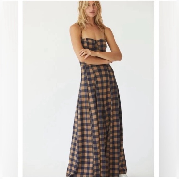 Free People Strapless Plaid Belted Jumpsuit in Navy and Tan - Picture 2 of 15